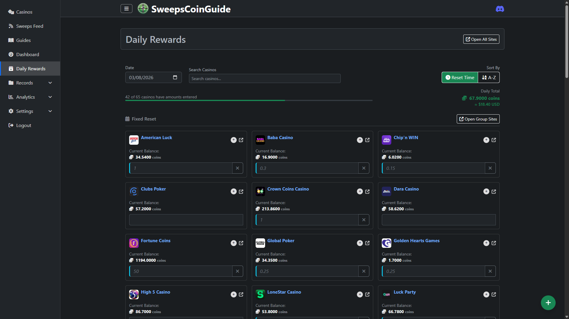 Daily rewards log entry screen